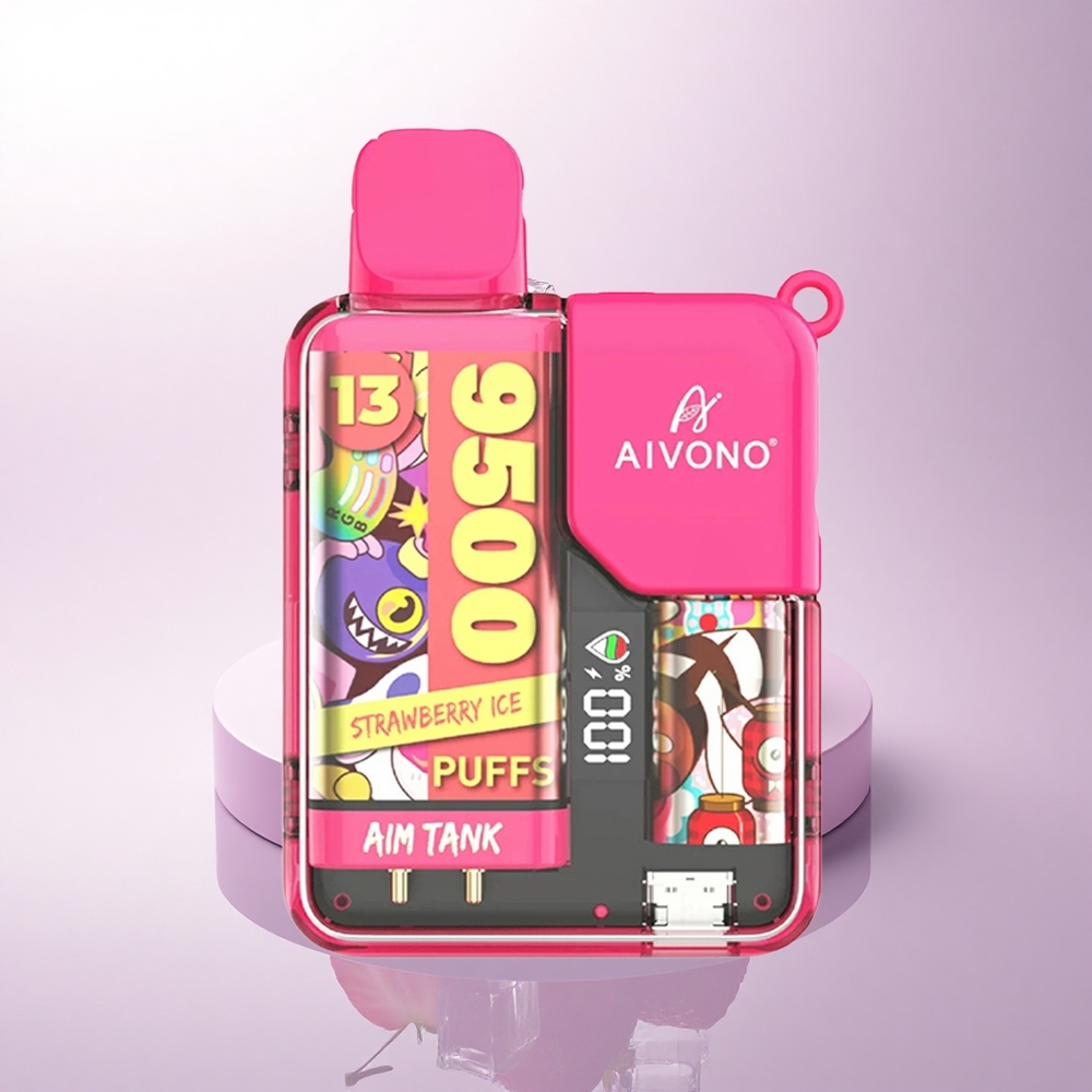 Aivono Aim Tank 9500 Puffs توت بري مثلج بشاشة إل سي دي وسعة 18 مل وملف شبكي 1.2 أوم