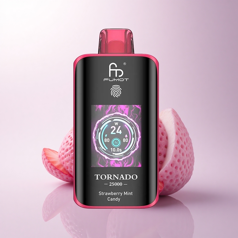Fumot Tornado 25000 Puffs حلوى الفراولة بالنعناع مع شاشة عالية الدقة وبطارية قابلة للشحن ومنفذ شحن نوع سي