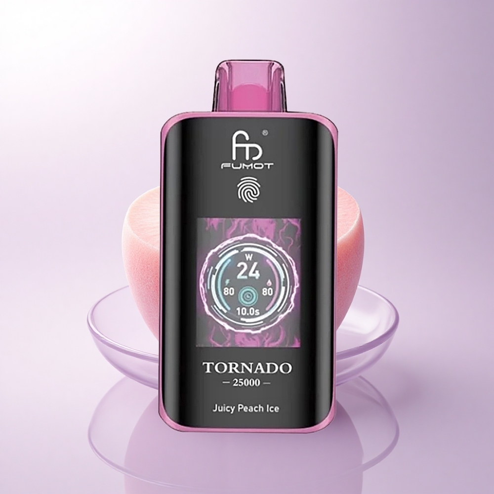 Fumot Tornado 25000 Puffs عصير الخوخ الجليدي مع شاشة عالية الدقة وبطارية قابلة للشحن