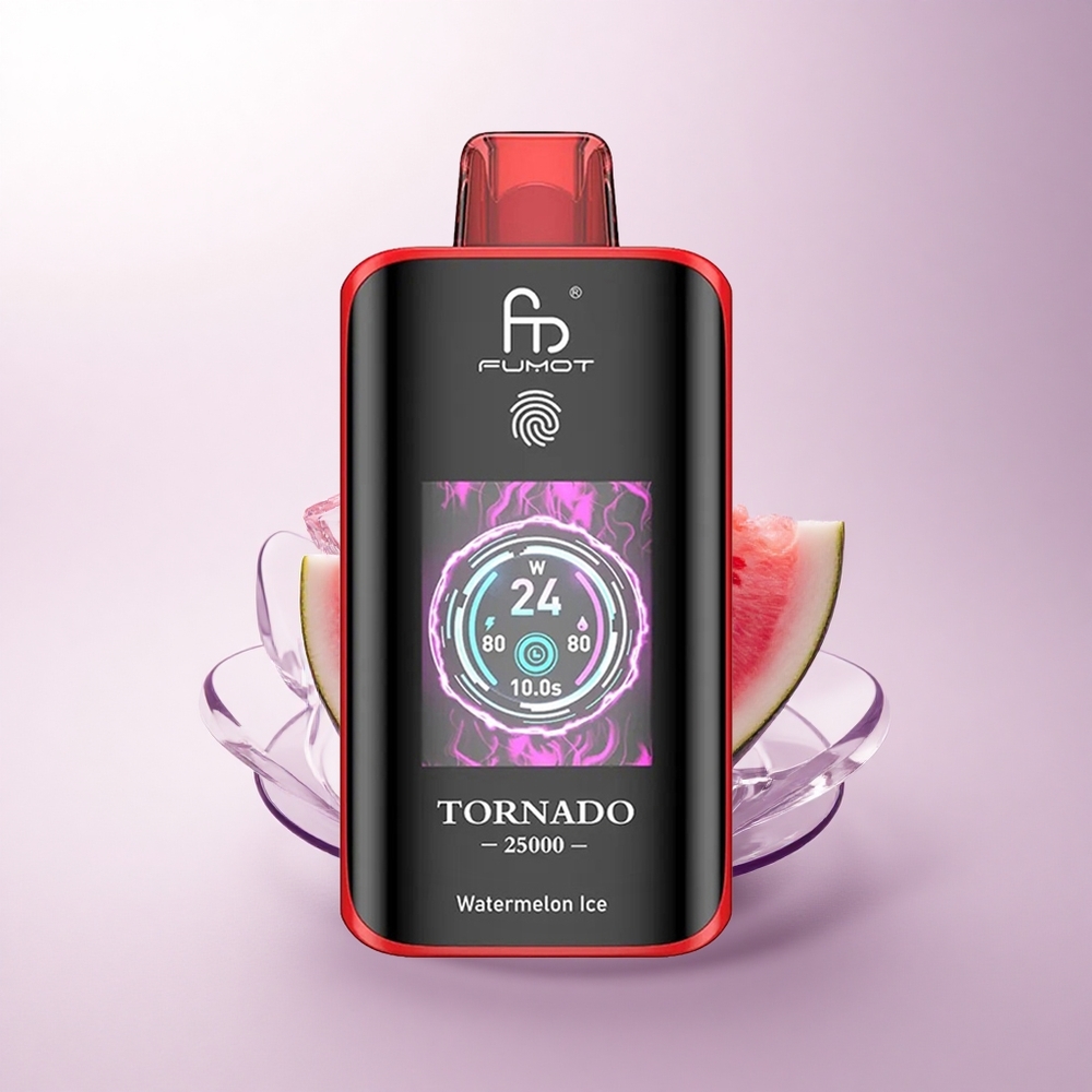 Fumot Tornado 25000 Puffs بطيخ مثلج بشاشة عالية الدقة وبطارية قابلة للشحن ومنفذ شحن نوع سي