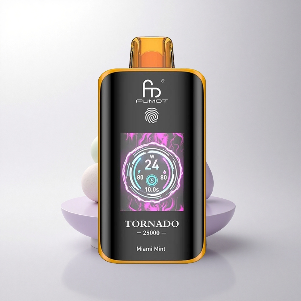 Fumot Tornado 25000 Puffs مينت ميامي شاشة عالية الدقة وبطارية قابلة للشحن