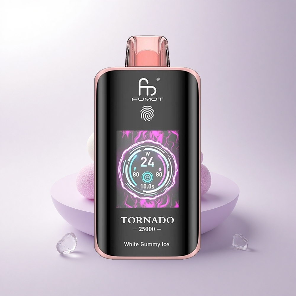 Fumot Tornado 25000 Puffs علكة بيضاء مثلجة بشاشة عالية الدقة وبطارية قابلة للشحن