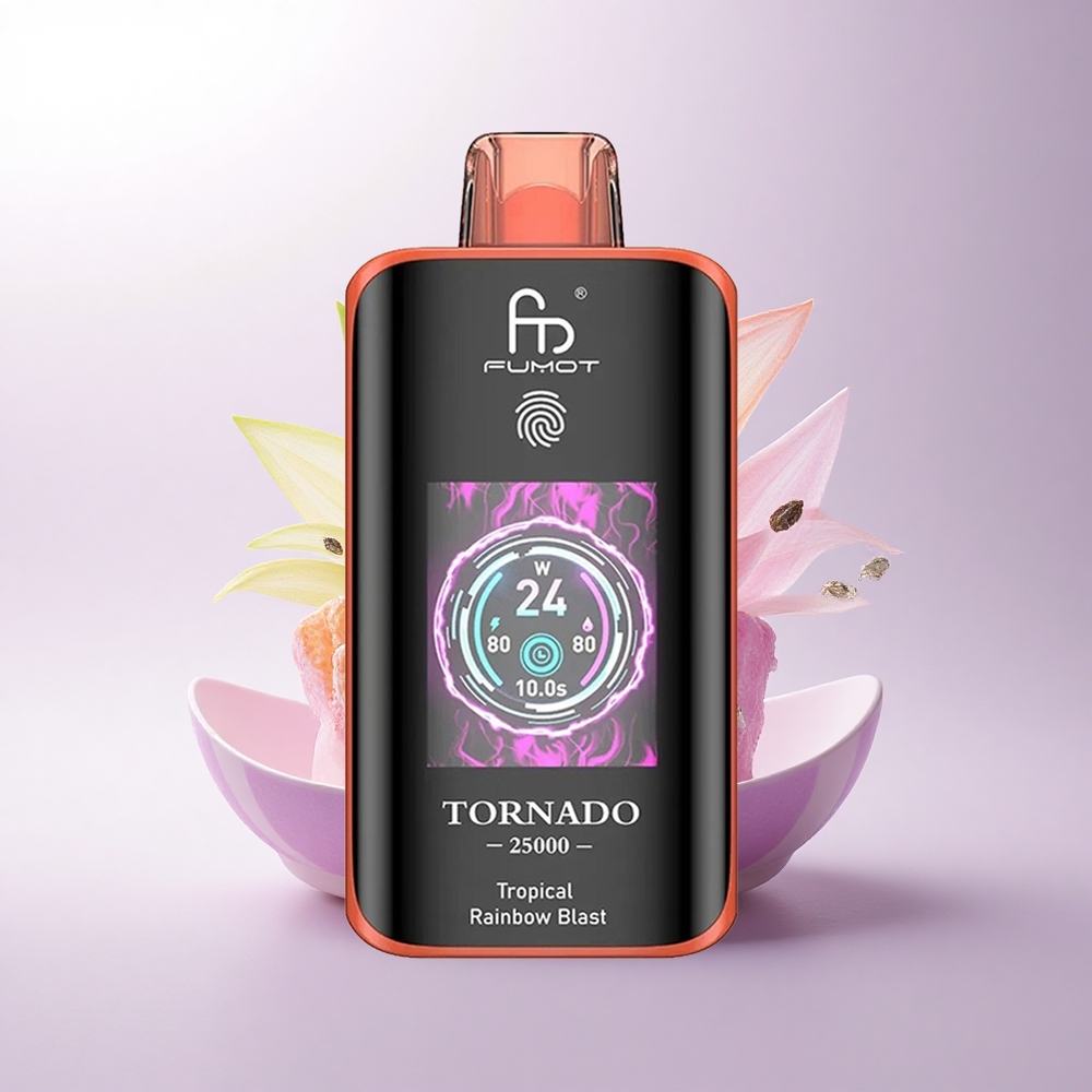 Fumot Tornado 25000 Puffs انفجار قوس قزح الاستوائي مع شاشة عالية الدقة وبطارية قابلة للشحن ومنفذ شحن نوع سي