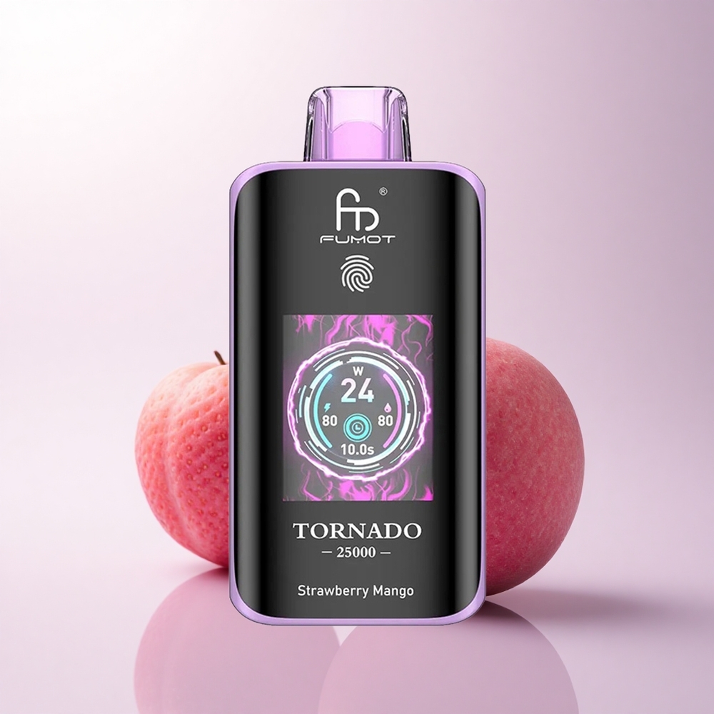 Fumot Tornado 25000 Puffs فراولة مانجو شاشة عالية الدقة وبطارية قابلة للشحن