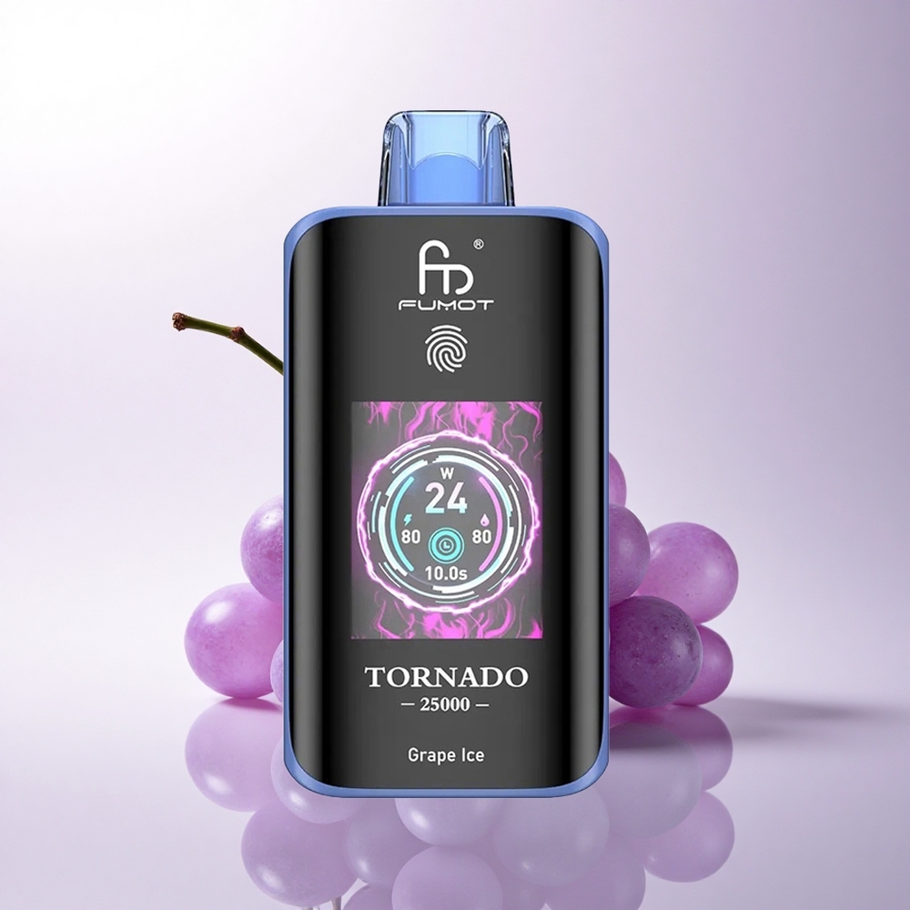Fumot Tornado 25000 Puffs عنب الجليد مع شاشة عالية الدقة وبطارية قابلة للشحن