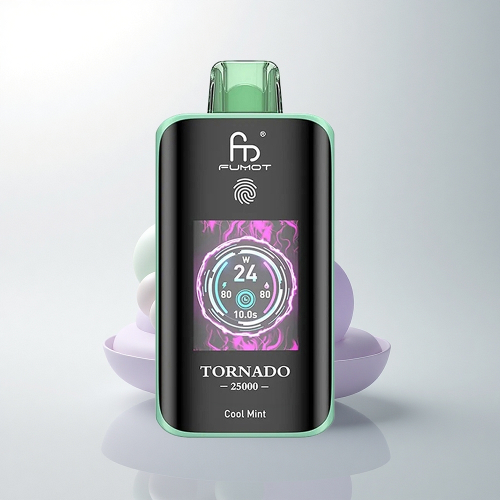 Fumot Tornado 25000 Puffs النعناع المنعش مع شاشة عالية الدقة وبطارية قابلة للشحن ومنفذ شحن Type-C