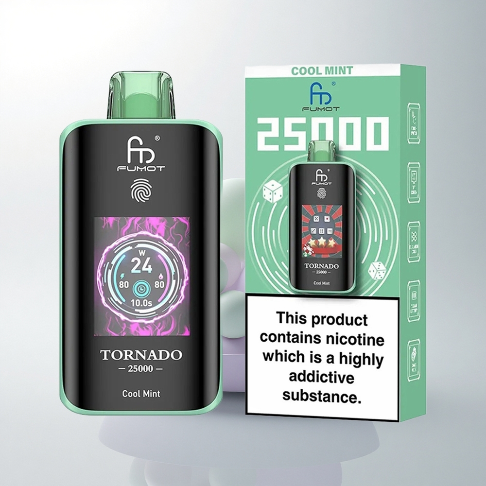 Fumot Tornado 25000 Puffs النعناع المنعش مع شاشة عالية الدقة وبطارية قابلة للشحن ومنفذ شحن Type-C