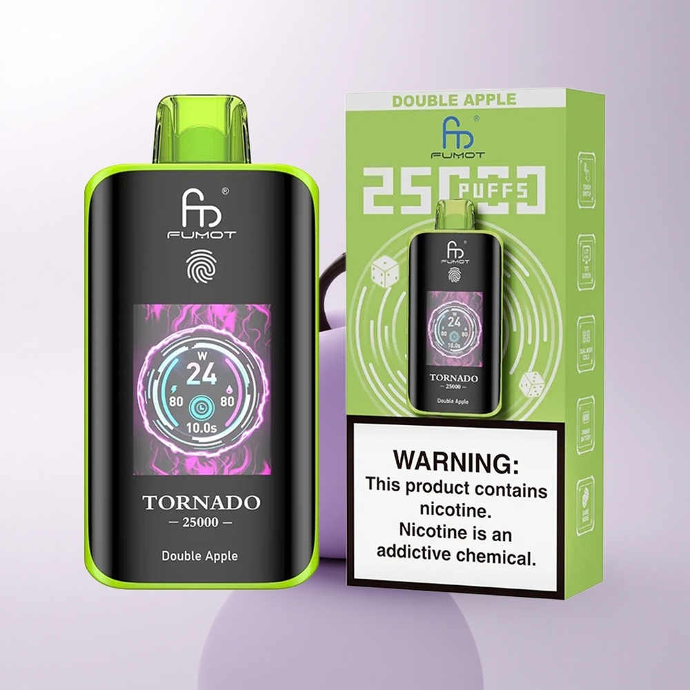 Fumot Tornado 25000 Puffs تفاحتين مزدوجتين مع شاشة عالية الدقة وبطارية قابلة للشحن ومنفذ شحن Type-C