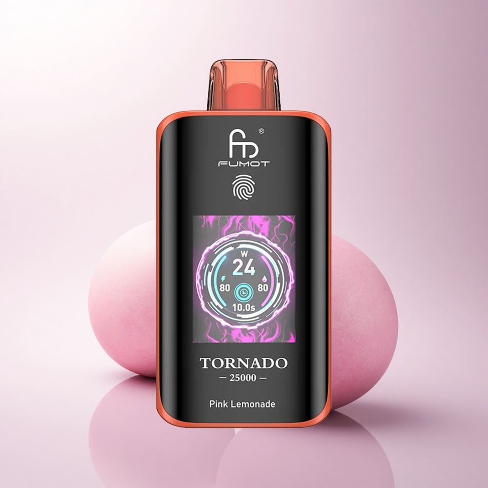 Fumot Tornado 25000 Puffs عصير الليمون الوردي مع شاشة عالية الدقة وبطارية قابلة للشحن ومنفذ شحن Type-C