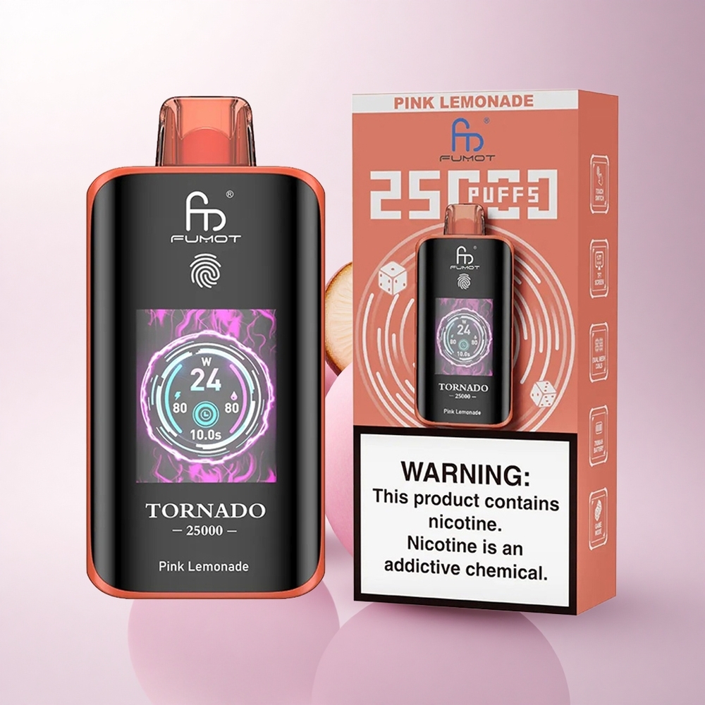 Fumot Tornado 25000 Puffs عصير الليمون الوردي مع شاشة عالية الدقة وبطارية قابلة للشحن ومنفذ شحن Type-C