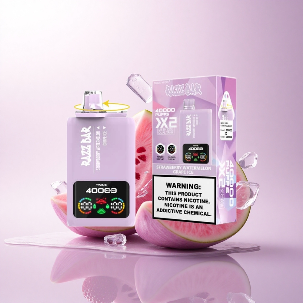 Razz Bar 40000 Puffs فراولة بطيخ - عنب مثلج مع شاشة عرض وملف شبكي 1.0 أوم ومحتوى نيكوتين 2%،5%