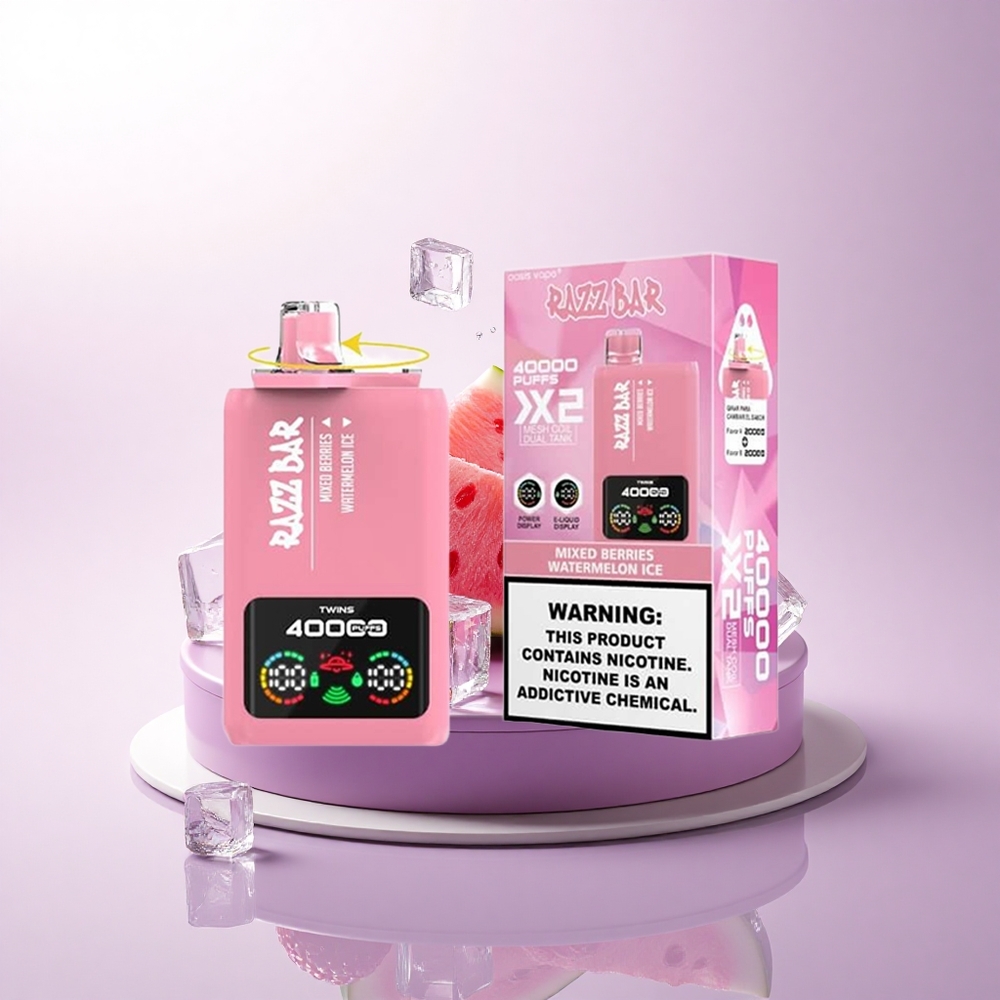 Razz Bar 40000 Puffs توت مختلط - آيس بطيخ مع شاشة عرض وملف شبكي 1.0 أوم ومحتوى نيكوتين 2%