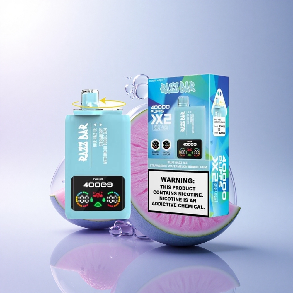 Razz Bar 40000 Puffs العلكة الفقاعية بنكهة البطيخ والفراولة الجليدية مع التوت الأزرق وشاشة الطاقة ومحتوى نيكوتين 2% أو 5%
